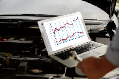 Autodiagnostické zariadenie pripojené k autu počas kontroly.